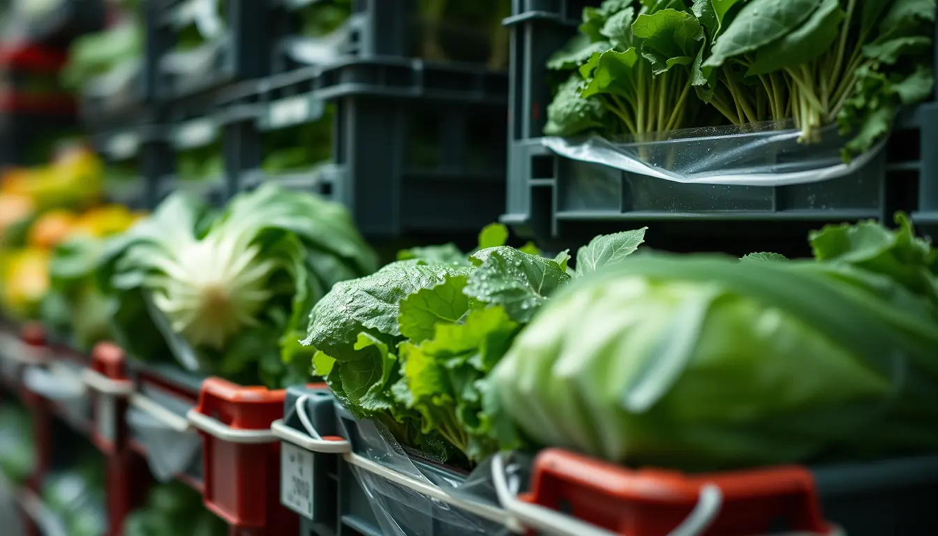 Crates of leaves in a cold store
