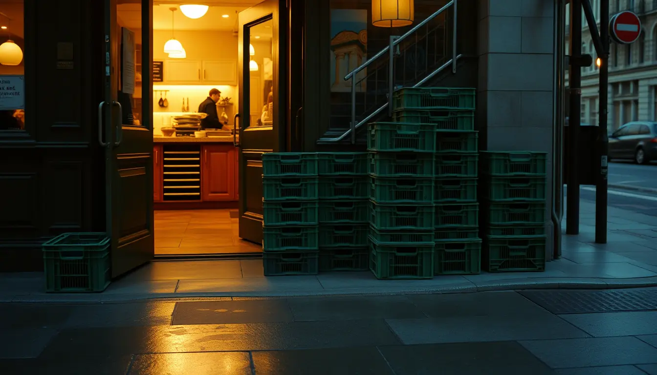 Produce crates at a restaurant back door at dawn, kitchen light spilling out