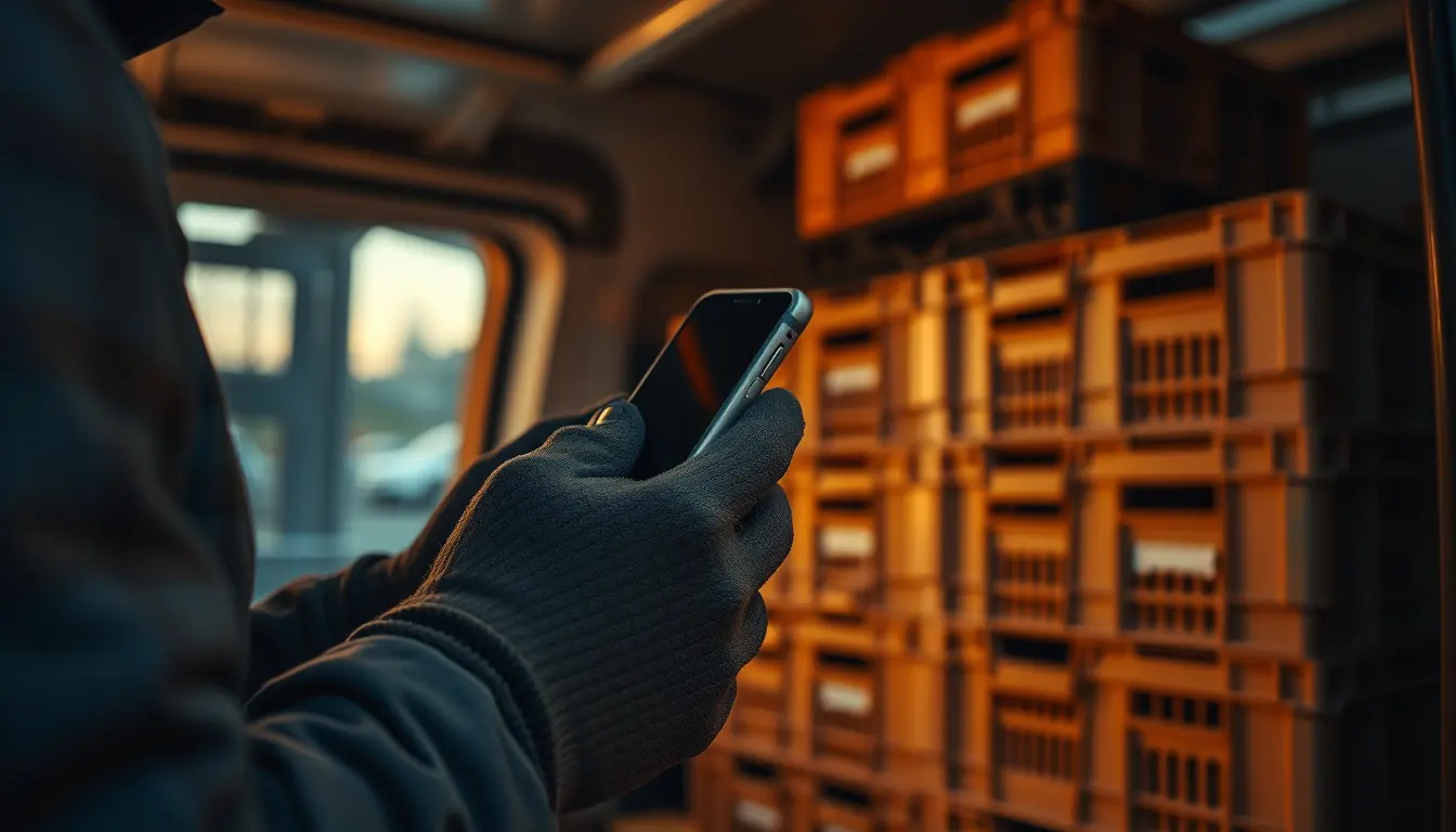A driver's gloved hands holding a phone beside stacked crates in a van